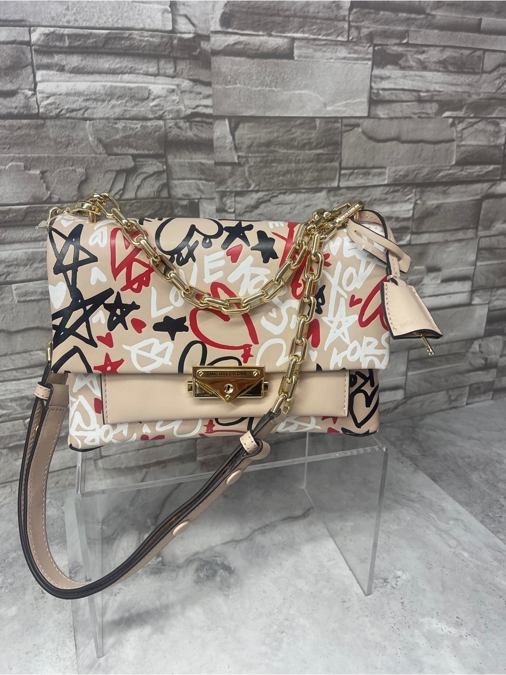 Michaek Kors Cece Medium Chain Shoulder Bag with Matching Wallet Pink Grafitti - Picture 5 of 16